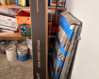 Epiphone guitar in box, garage supplies and paint