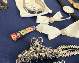 Rhinestone hair clip, vintage watches, millefiori barrette