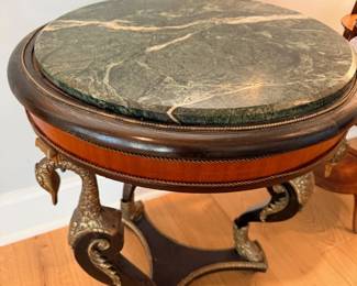 Antique green marble top center table bronze swan legs