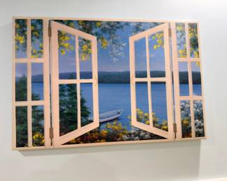 Large window-pane scenic lake and mountain wall art