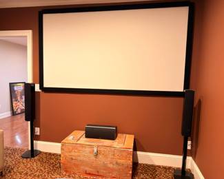 Home theater projection screen with surround sound speakers
