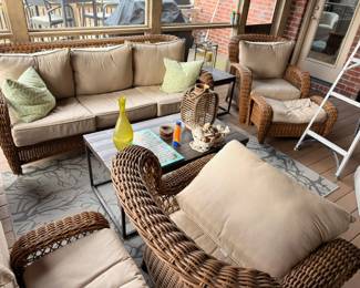 Outdoor wicker patio sofa and chair set with coffee table