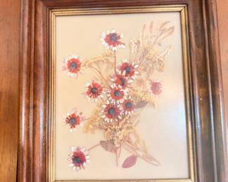 Framed floral artwork, wooden frame