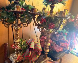 Christmas decor, wrought iron candle holder, berry garland, ornaments
