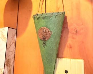 Vintage hanging metal cone planter with patina finish
