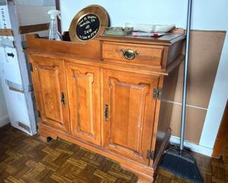 Antique wood washstand cabinet, brass gong, glass oil lamp