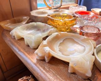 Milk glass, amber glass, and pink depression glass dishes