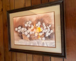 Framed still life oil painting, cotton bolls in basket