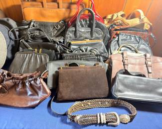 Assorted leather handbags, purses, and belts