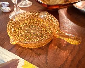 Amber pressed glass bowl and carnival glass compote