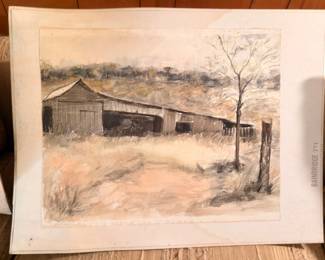 Signed watercolor painting, rural barn scene