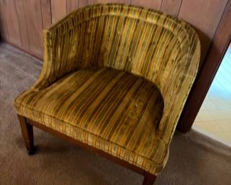Vintage barrel-back accent chair, gold striped upholstery