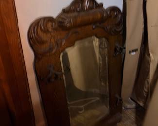 Antique Victorian carved wood bed headboard, ornate detail