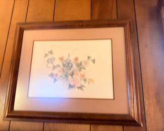 Framed floral bouquet print, matted wood frame