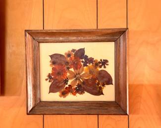 Framed pressed flower art, rustic wood frame