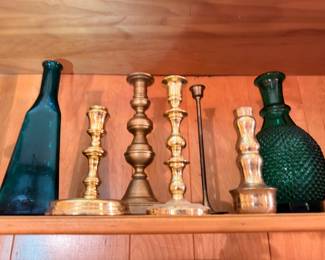 Brass and glass candlestick holders, assorted sizes