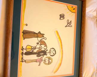 Framed folk art illustration print, green mat