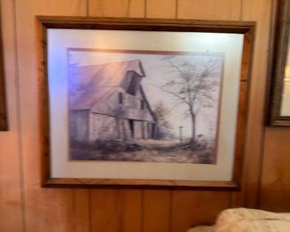 Framed charcoal sketch of rustic barn, wood frame