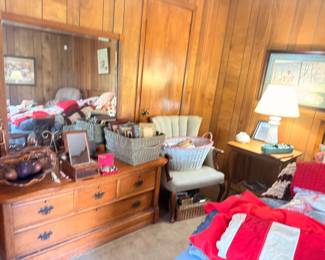 Room overview, antique furniture, artwork, clothing, and collectibles