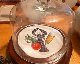 Glass cheese dome cloche with hand-painted mushroom plate
