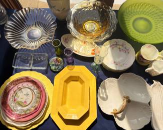 Vintage china and pottery, platters, serving dishes, assorted colors