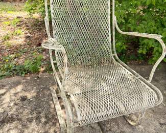Vintage white wrought iron mesh patio rocker chair