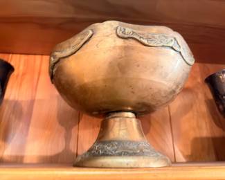 Antique brass pedestal urn with scalloped rim