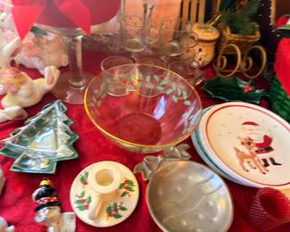 Christmas dishes, reindeer plate, holly pattern, holiday stemware