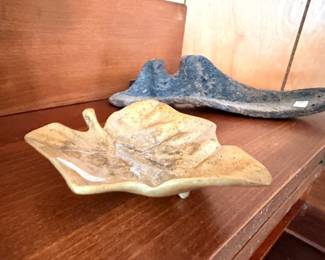 Ceramic leaf dish blue dolphin figurine incense holder