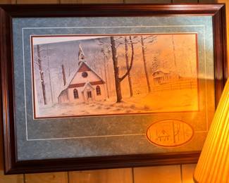 Signed framed print, country church winter scene