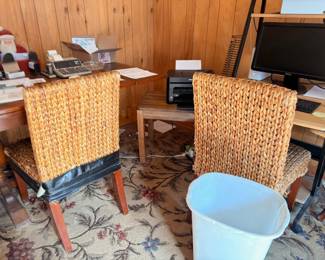 Wicker high-back chairs with cushions, pair