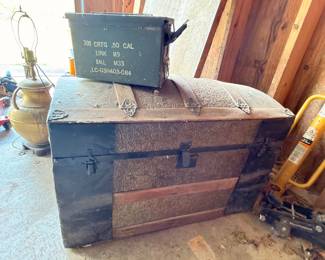 Antique steamer trunk, military .50 cal ammo can