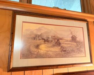 Framed vintage farm scene print with horses