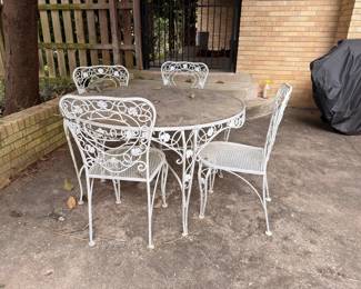 Vintage white wrought iron patio dining set, round table with 4 chairs