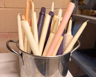 Taper candles lot assorted colors in metal bucket