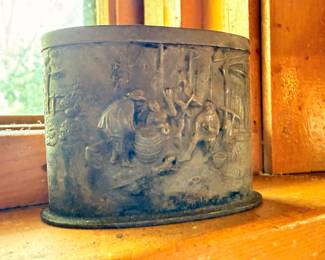 Antique pewter embossed figural stein mug