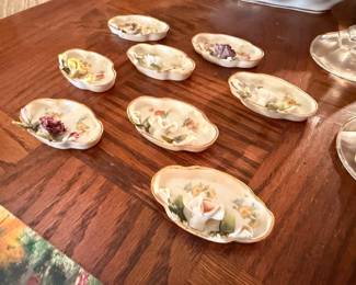Vintage porcelain butter pats and salt dishes, floral pattern, set
