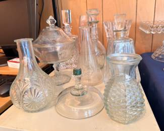 Crystal decanters, glass cake dome, and cut glass vases