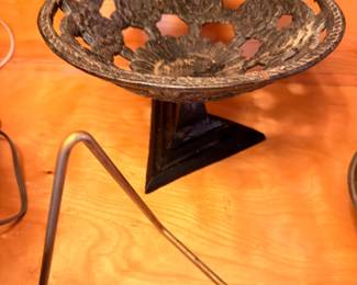 Antique cast iron ornate bowl on tripod stand