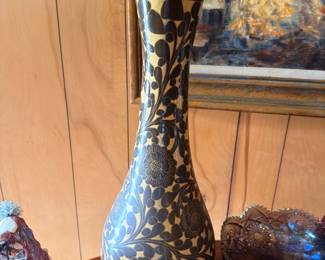 Decorative cloisonne-style vases and framed artwork