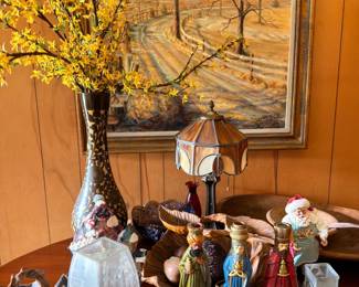 Framed landscape painting, porcelain figurines, and decorative accessories