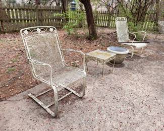 Vintage wrought iron patio chairs and side table set