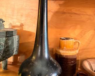 Vintage art glass tall bud vase, dark floral