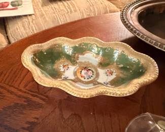 Antique hand-painted porcelain serving dish, green and gold, scalloped edge