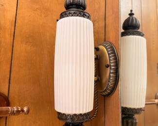 Vintage double pendant light, ribbed glass globes
