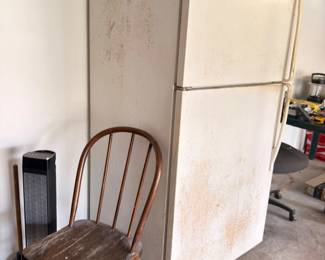 Garage refrigerator and Windsor spindle back chair