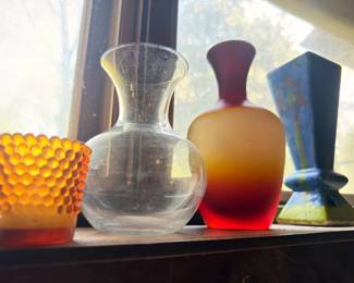 Vintage amberina glass vase, hobnail glass, and clear pitcher