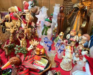 Nativity figurines, snowmen, straw reindeer, Christmas collectibles