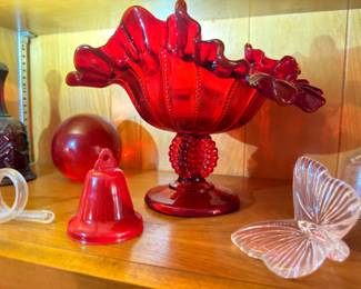 Red art glass ruffled compote, bell, and glass butterfly