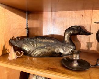 Brass duck decoy figurine and candlestick holder